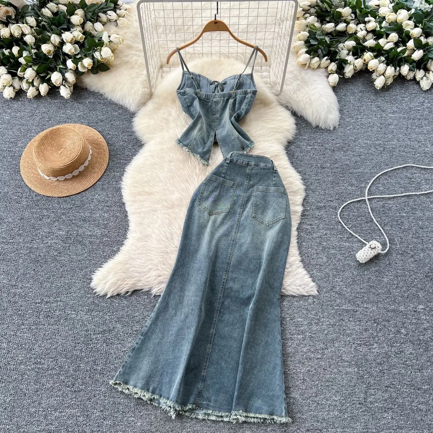 American Hot Girl Retro Denim Two-piece Set.Women's New Summer Fashion Sexy Strappy Halter Top + High Waist Slit Half Body Skirt Purplish Diva
