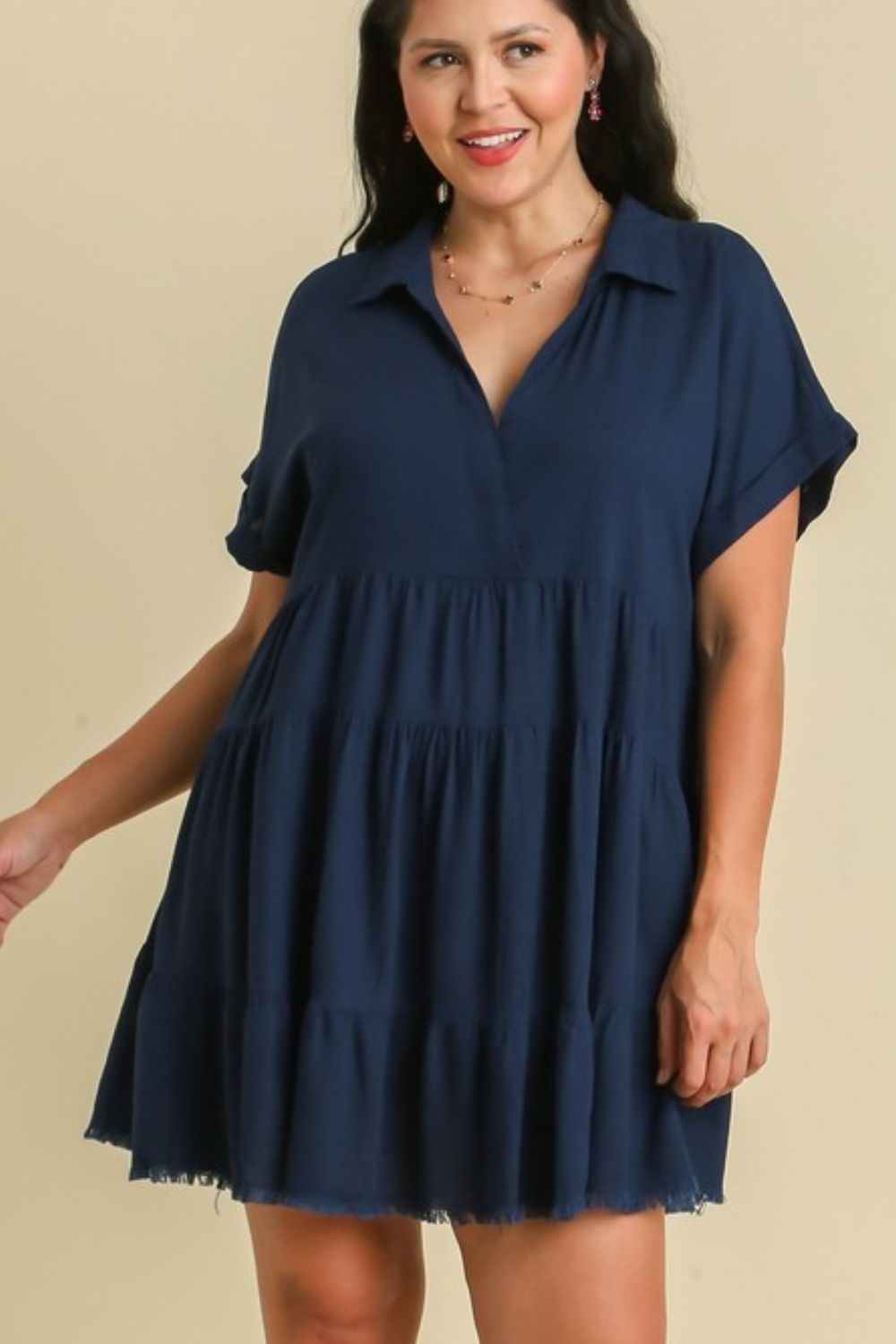Women Dark Navy Full Size Raw Hem Folded Sleeve Dress Casual Plus Size Simple Dress Stevvex