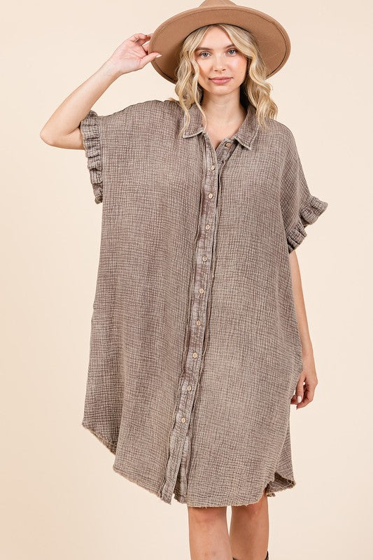 Mineral Wash Cotton Gauze Mini Shirt Dress For Women – Casual, Relaxed Fit with Charming Ruffle Sleeves and Practical Pockets Stevvex