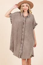 Mineral Wash Cotton Gauze Mini Shirt Dress For Women – Casual, Relaxed Fit with Charming Ruffle Sleeves and Practical Pockets Stevvex
