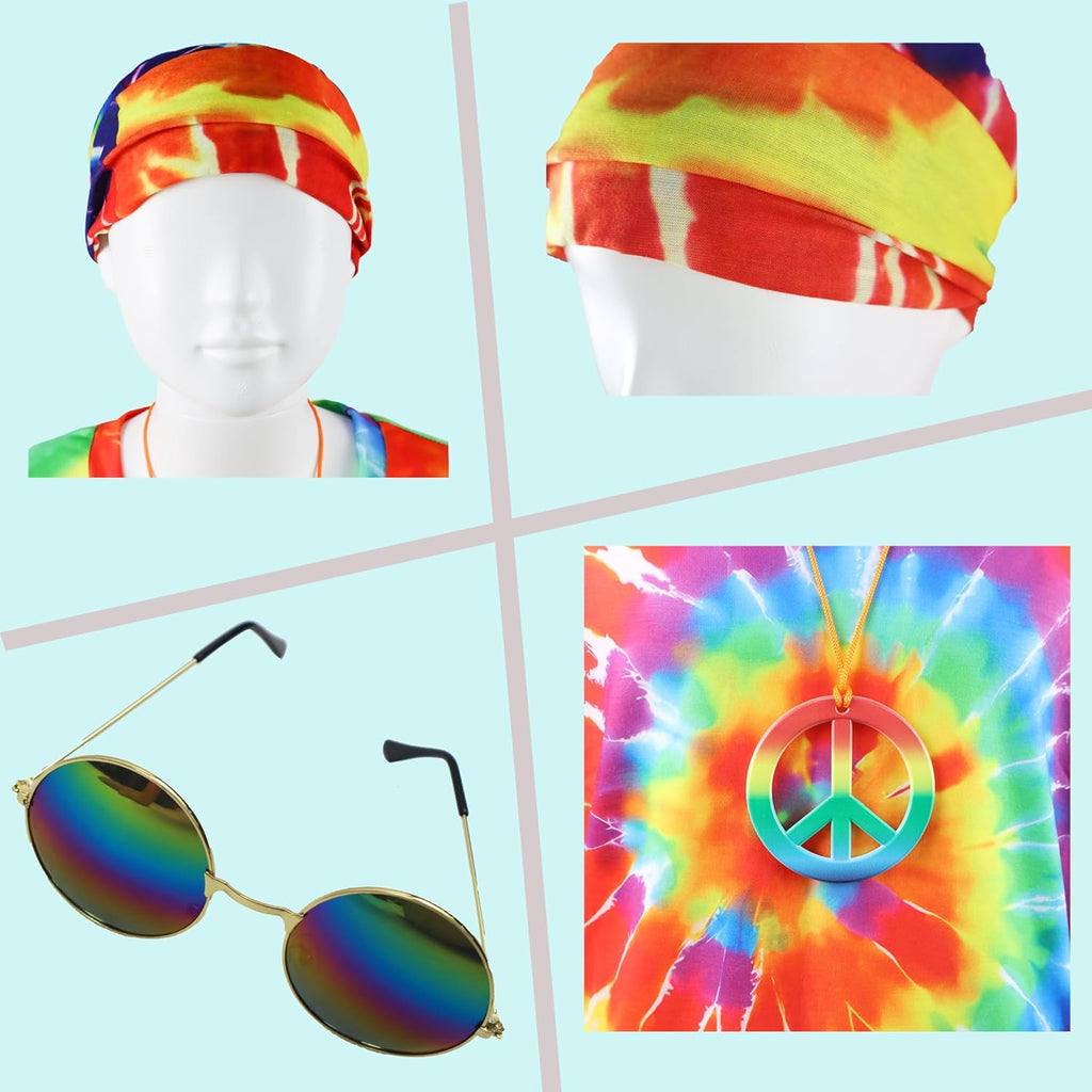 70s Outfits Boys 4Pcs Hippie Costume Accessories Kids Colorful Dye tshirt for Theme Party 60s 70s for 4-12 years - SJB-DIAMOND ELITES
