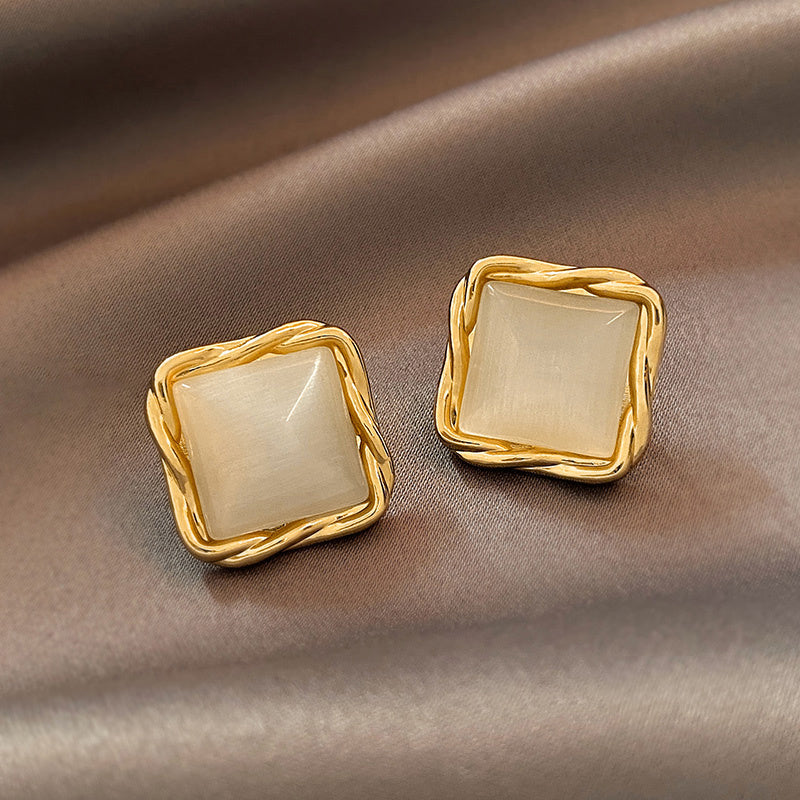 Cat's Eye Flower Earrings High Sense Opal Square Triangle Geometry Earrings Pi-Mart