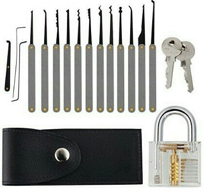 Locksmith Hand Tools Lock Pick Set Transparent Visible Cutaway Practice Padlock With Broken Key Removing Hooks 15pcs set Pi-Mart