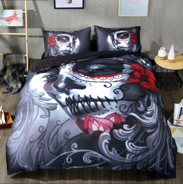 Black Skull Bedding Set Halloween Style Bed Sheet Queen King Double Bed Linen Cotton Blend Flower Skull Duvet Cover Set Pi-Mart