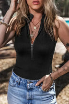 Ribbed Sleeveless Bodysuit with Mock Neck & Zip - Femstylo