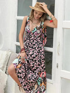 Printed Plunge Midi Dress | Sleeveless Tied Waist | Polyester