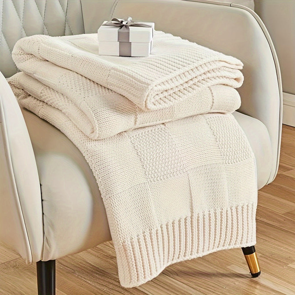 1pc Knit Throw Blanket, White Checkered Throw Blanket For Couch, Soft Cozy Warm Knitted Throw Blanket For Bed Sofa Lootquake LLC