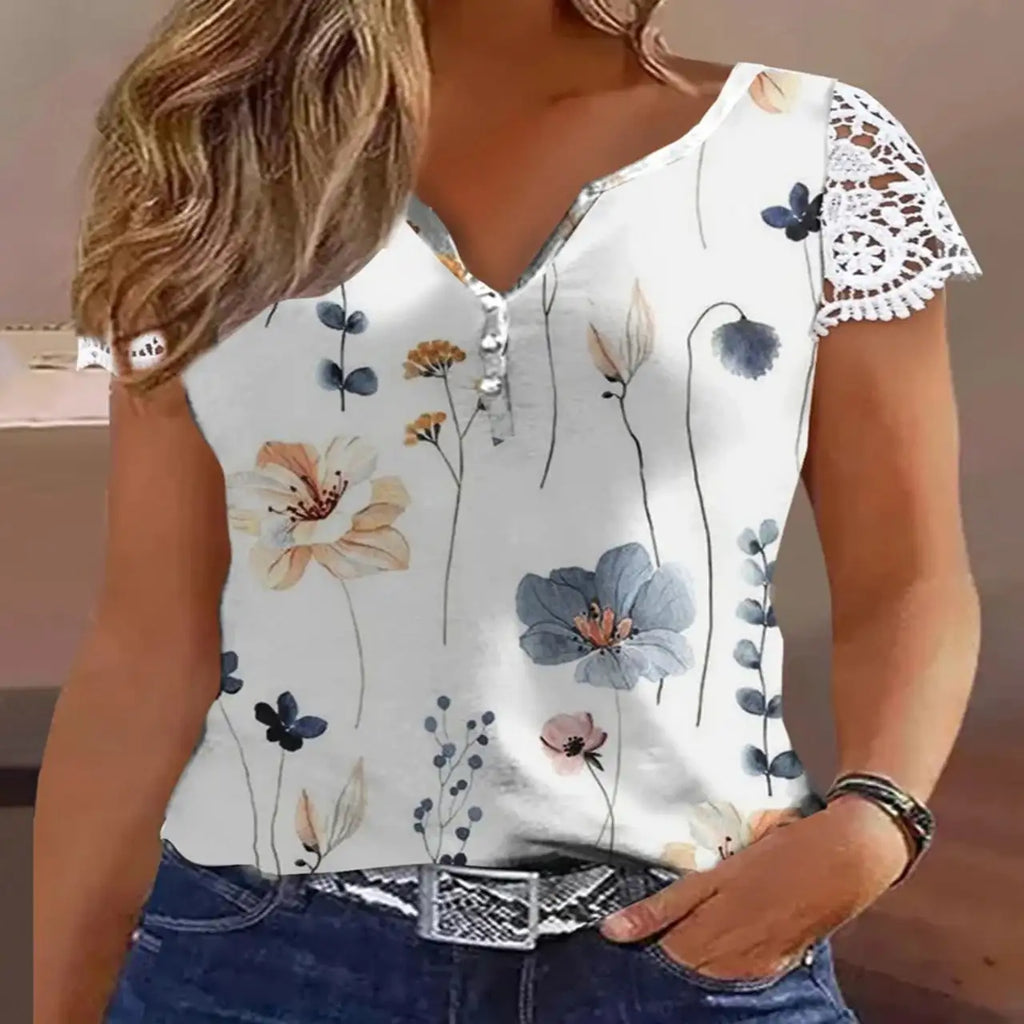 Ladies' Floral Print V-neck Button Casual Lace Patchwork Sleeve Fashionable Vacation Top Shirt - SJB-DIAMOND ELITES