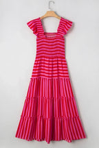 Rose Stripe Ruffle Strap Shirred Bodice Tiered Maxi Dress