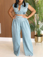 Streetwear Denim Set Women 2 Piece Set Outfit Jean Zipper Turn-down Collar Cropped Top and Loose Wide Leg Pants Matching Sets Purplish Diva