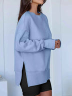 Side Slit Round Neck Long Sleeve Sweatshirt THRIXINE
