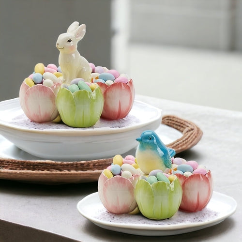 Pastel Easter Tidbit Dish Dolomite Bunny Or Bird 7in Spring Table Decor BandsCo Straps