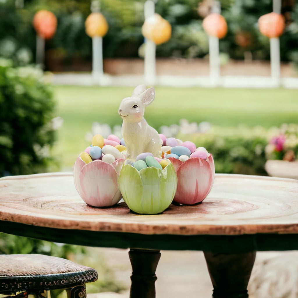 Pastel Easter Tidbit Dish Dolomite Bunny Or Bird 7in Spring Table Decor BandsCo Straps
