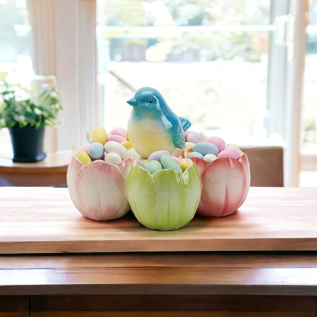 Pastel Easter Tidbit Dish Dolomite Bunny Or Bird 7in Spring Table Decor BandsCo Straps