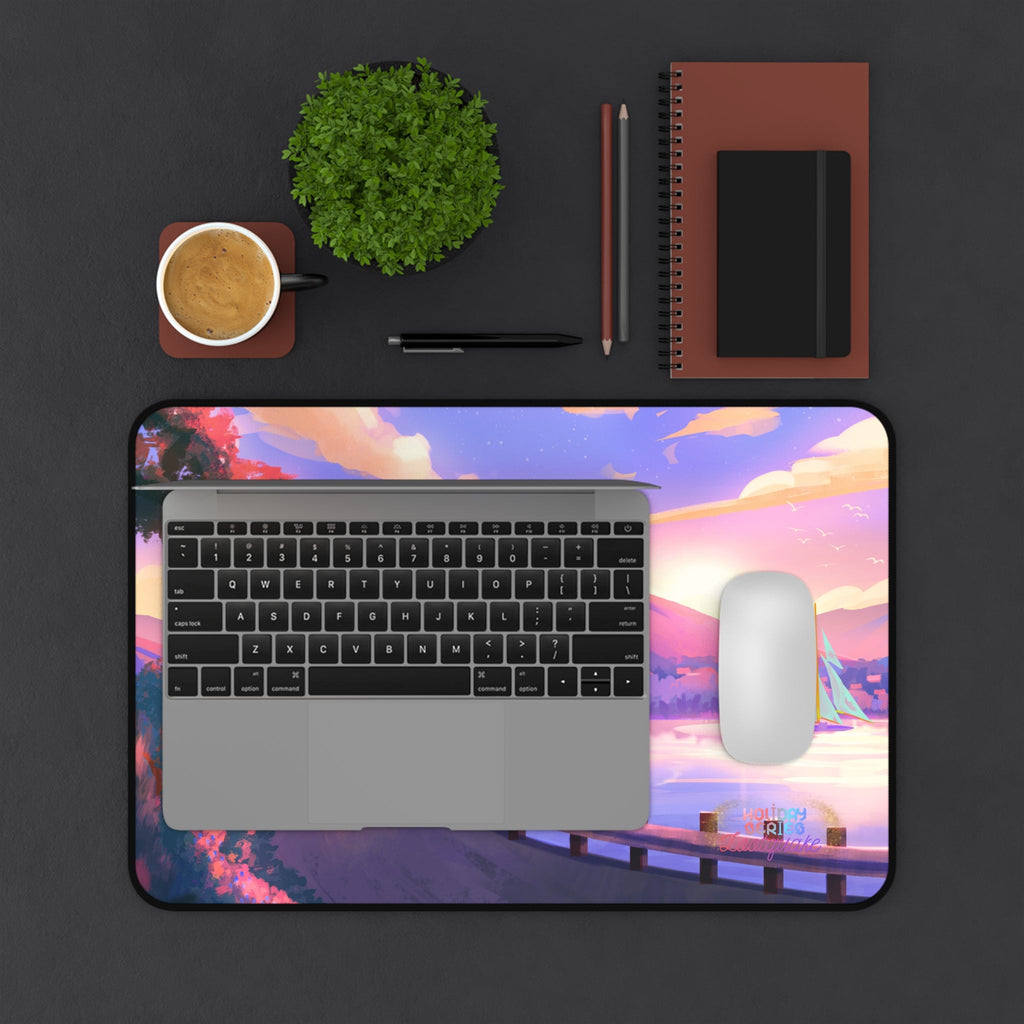 Sunset Lakeside Desk Mat — Pastel Scenic Mouse Pad with Sailboat Lootquake LLC