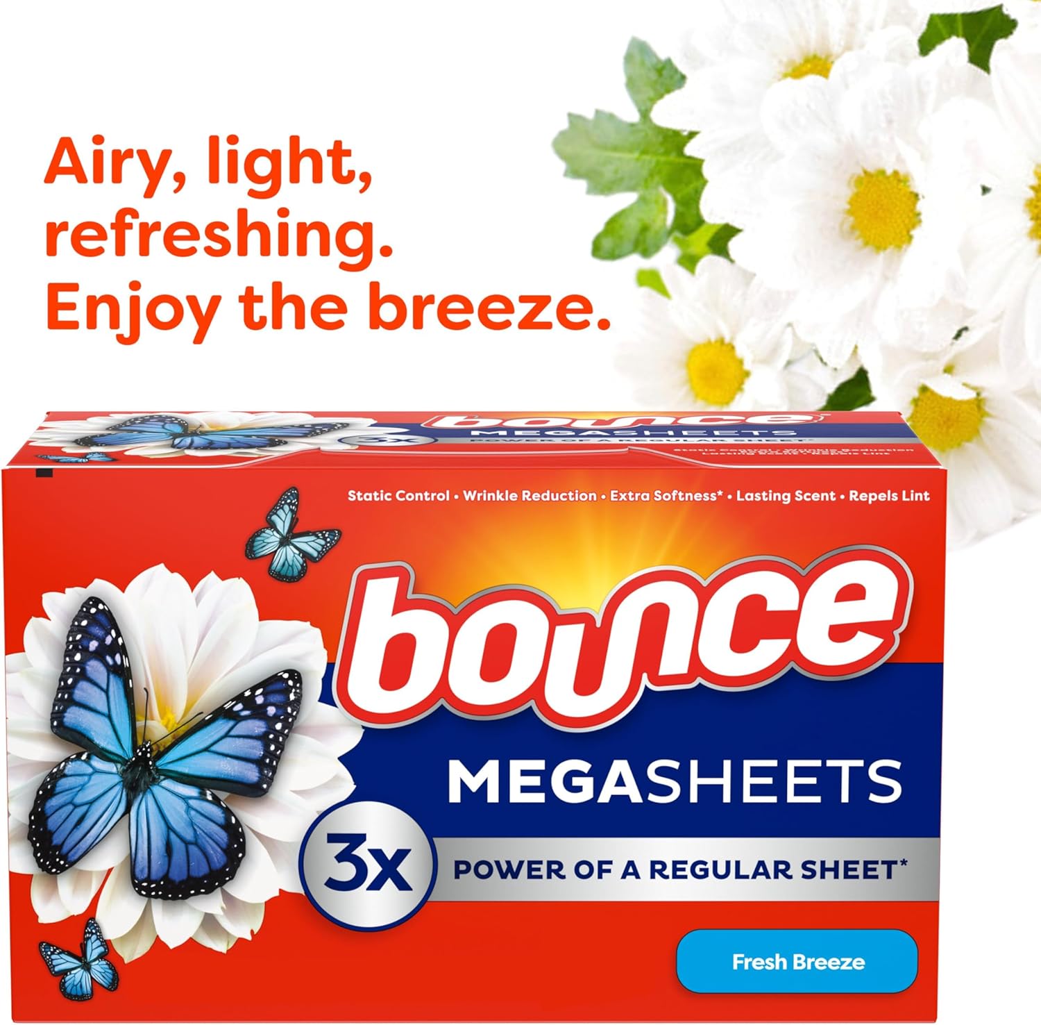 Bounce Mega Dryer Sheets, Fresh Breeze, 130 Count, Mega Fabric Softener Sheets with Static Control, Wrinkle Reduction, Extra Softness, Lasting Scent, Repels Lint EasyOptionXY LLC