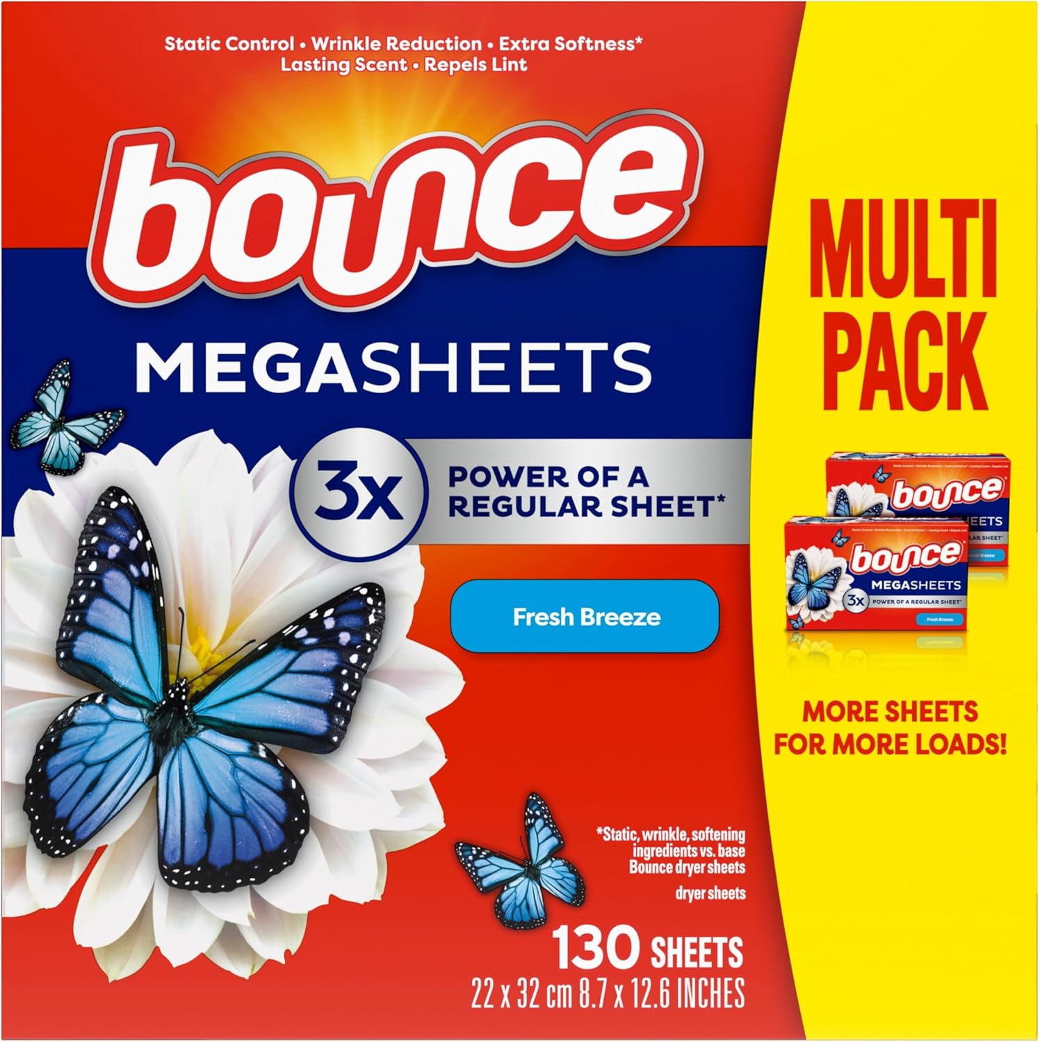 Bounce Mega Dryer Sheets, Fresh Breeze, 130 Count, Mega Fabric Softener Sheets with Static Control, Wrinkle Reduction, Extra Softness, Lasting Scent, Repels Lint EasyOptionXY LLC