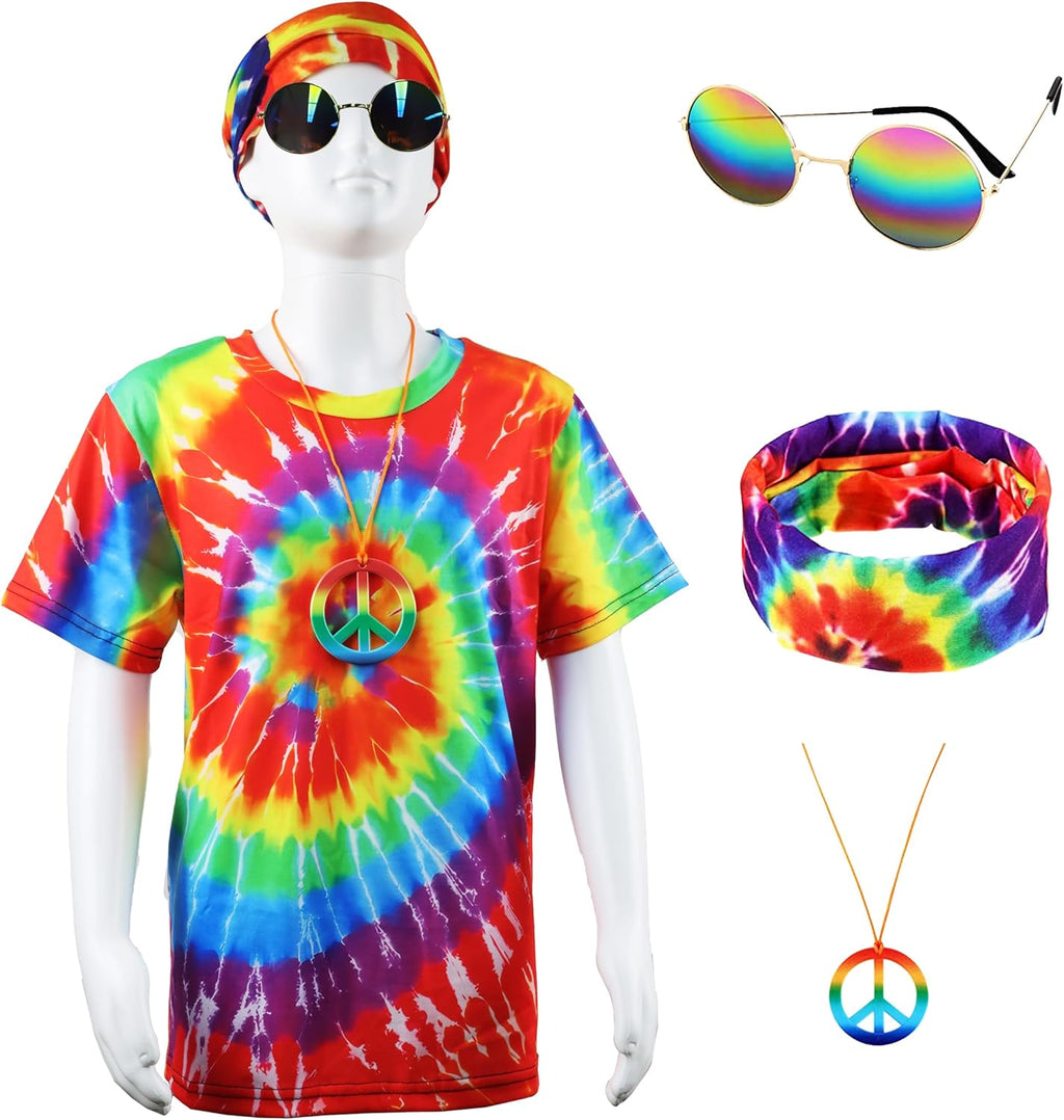 70s Outfits Boys 4Pcs Hippie Costume Accessories Kids Colorful Dye tshirt for Theme Party 60s 70s for 4-12 years - SJB-DIAMOND ELITES