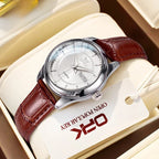 Women's Leather Strap Quartz Watch Silver Case Dual Day