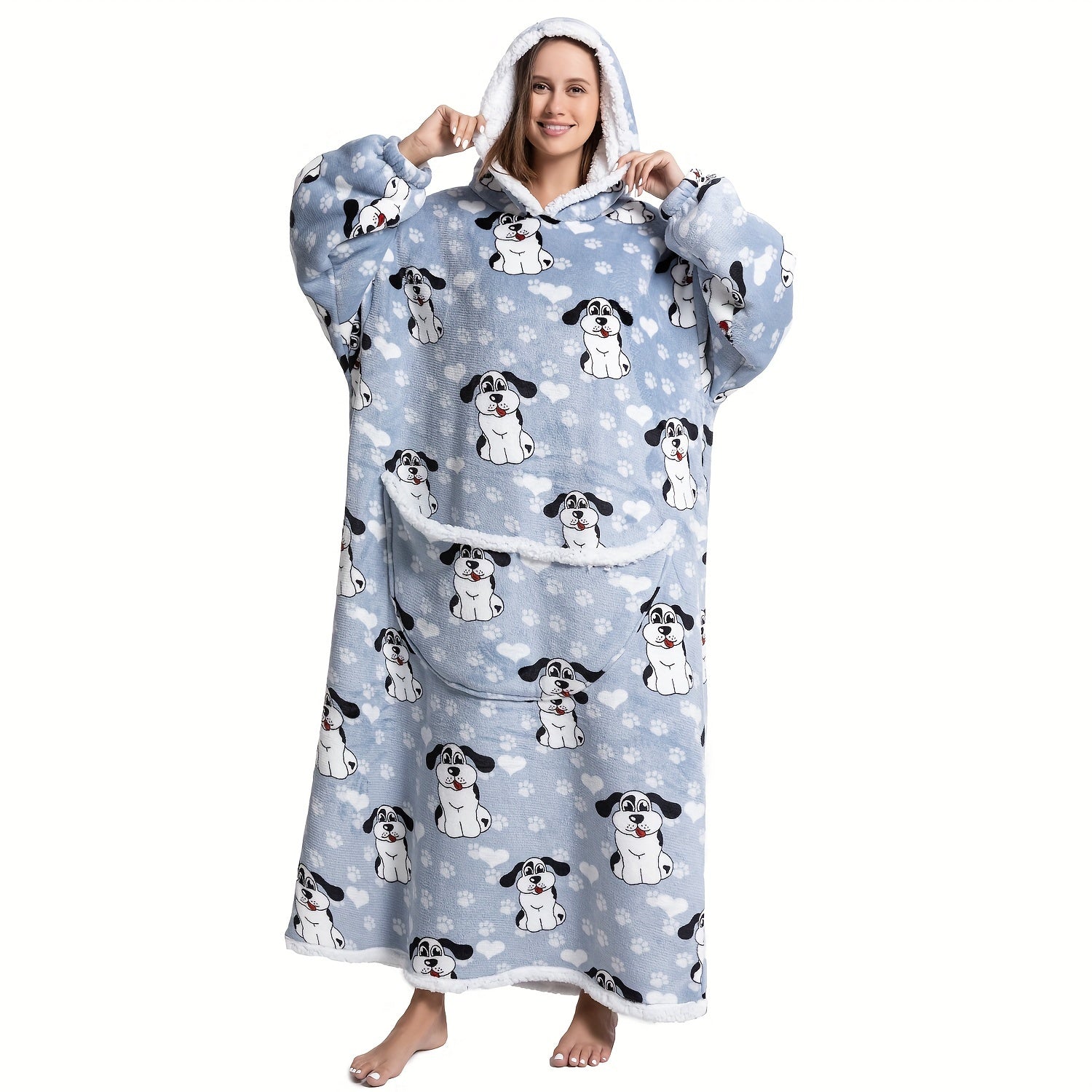 1pc Extra Long Oversized Cat Print Sherpa Fleece Hooded Blanket Sweatshirt - Ultra Soft, Warm, Wearable, Machine Washable, and Industrial Style - Perfect Gift for Women and Men Adults Lootquake LLC