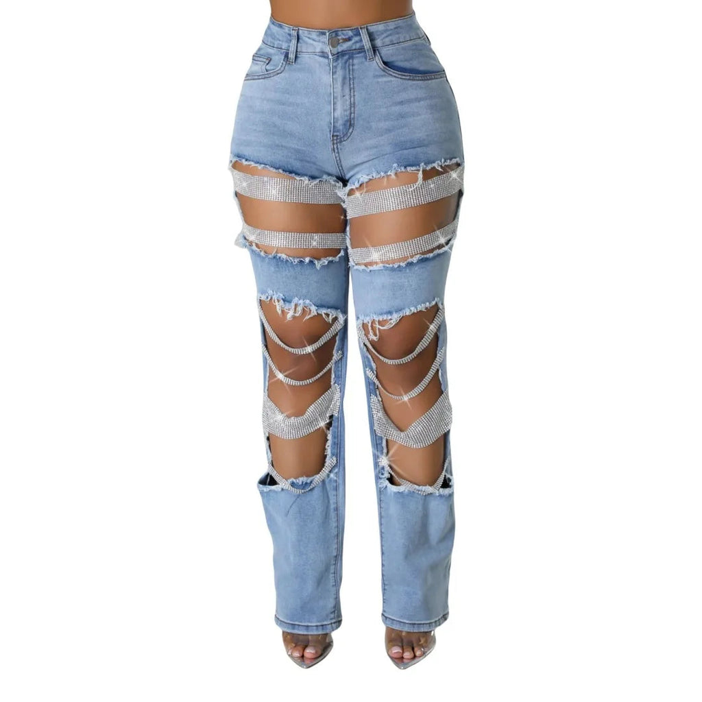 Women's Destroyed Ripped Hole Denim Pants Pearl Rhinestones Chain Distressed Slim Fit Skinny Jeans Y2K Night Club Party Jeans Purplish Diva