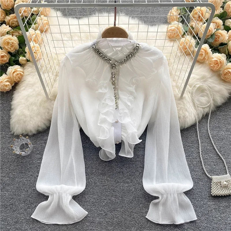 French Elegant Shirts Women Design Diamonds Loose Casual Tops Long Sleeve Ruffles Gentle Office Lady Blouses Spring Purplish Diva