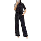 Vertical Striped Rhinestone Top Two-piece Set Pi-Mart