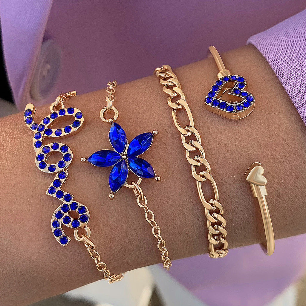 4pcs Blue Flower Love Butterfly Bracelet Set With Rhinestones Design Valentines Day Pi-Mart
