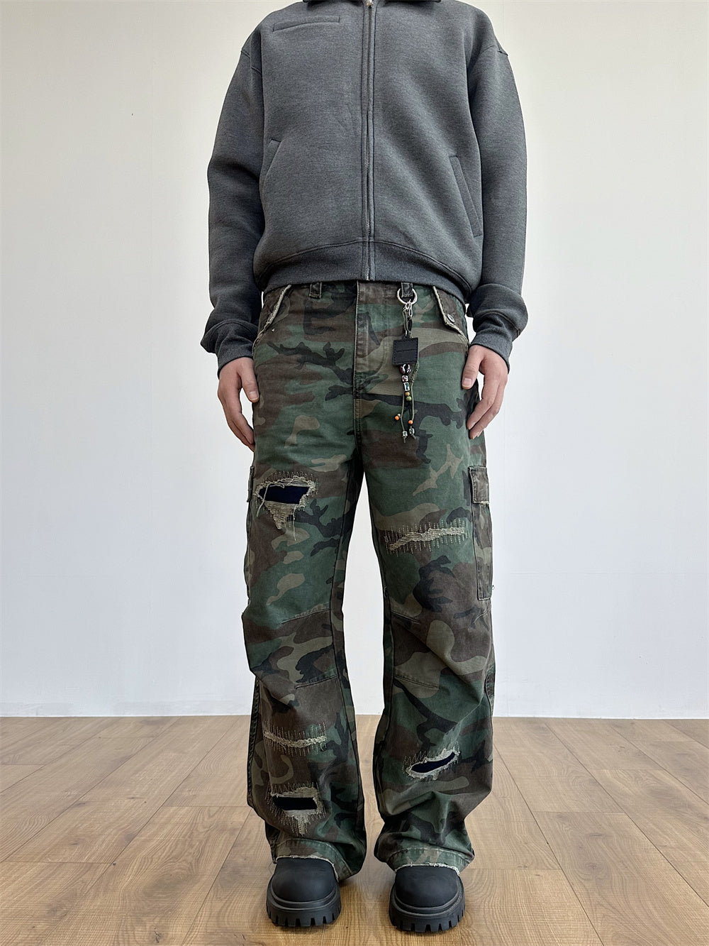 Distressed Military Camouflage Destruction Affixed Cloth Embroidered Loose Straight Cargo Pants Lootquake LLC