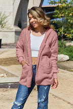 Women Full Size Teddy Hooded Jacket with Pockets Cozy Casual Jacket Comfortable Women Jacket Stevvex
