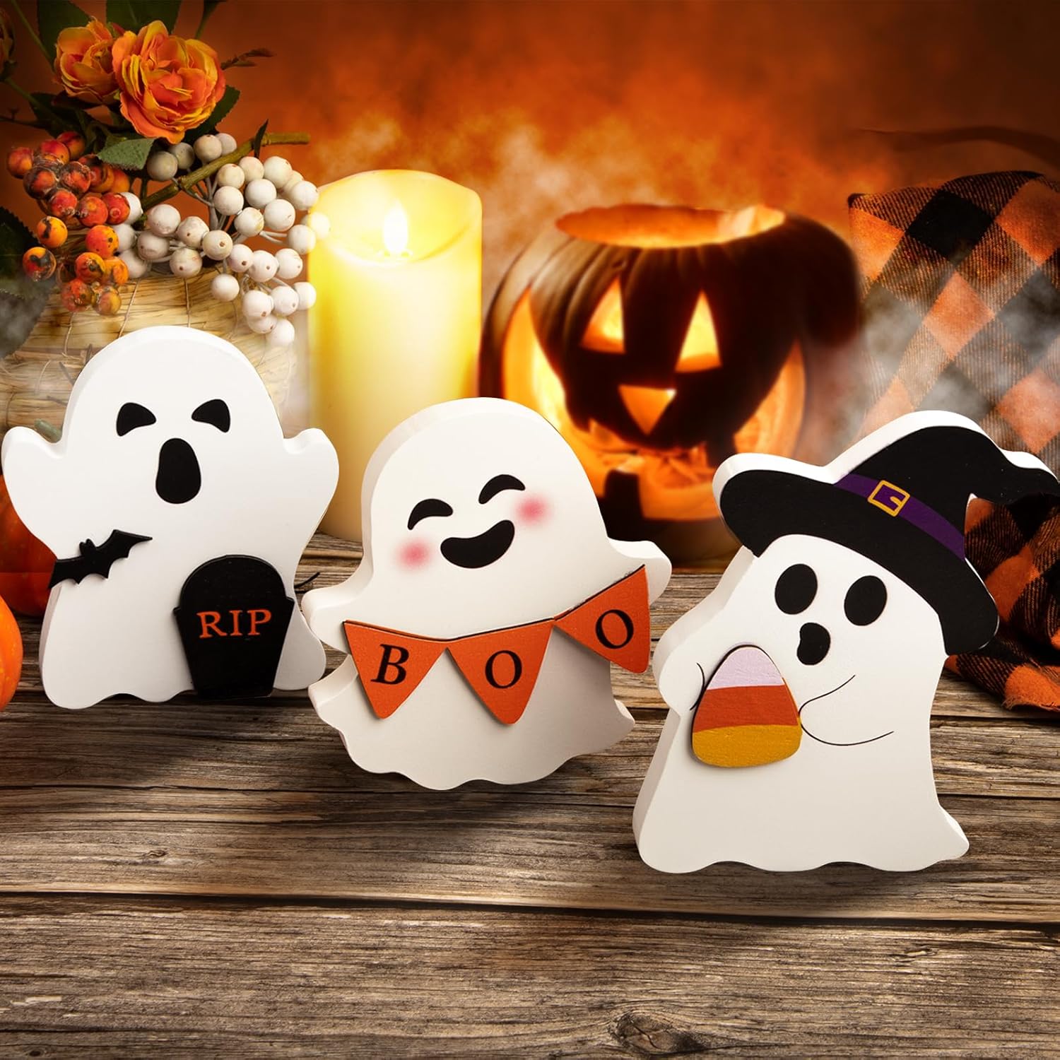 Cute Ghost Halloween Decorations Indoor, Wooden Tiered Tray Decor Table Sign Set of 3, Black Cat Bat Witch Broom Signs Pumpkin Blocks for Party Home Shelf Display (A-Ghost) - SJB-DIAMOND ELITES