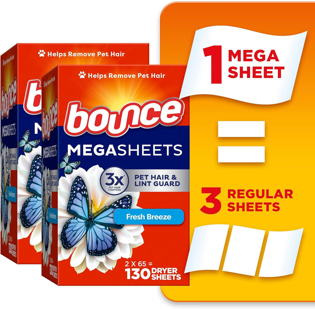 Bounce Mega Dryer Sheets, Fresh Breeze, 130 Count, Mega Fabric Softener Sheets with Static Control, Wrinkle Reduction, Extra Softness, Lasting Scent, Repels Lint EasyOptionXY LLC