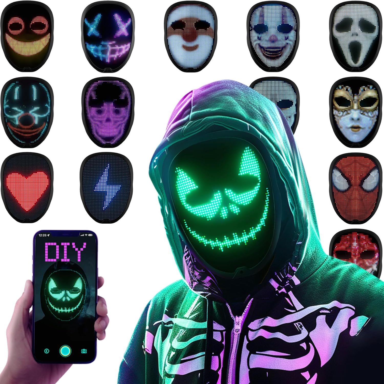 Halloween LED Mask with Programmable App & Gesture Sensing, DIY Unisex LED Lighted Face Transforming Mask, Perfect Gift for Halloween Costume Cosplay,Masquerade - SJB-DIAMOND ELITES