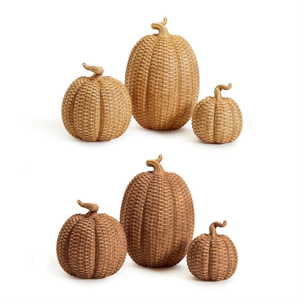 Rattan Resin Pumpkins Fall Decor - Set Or Single, 3 Sizes, Honey Cognac BandsCo Straps
