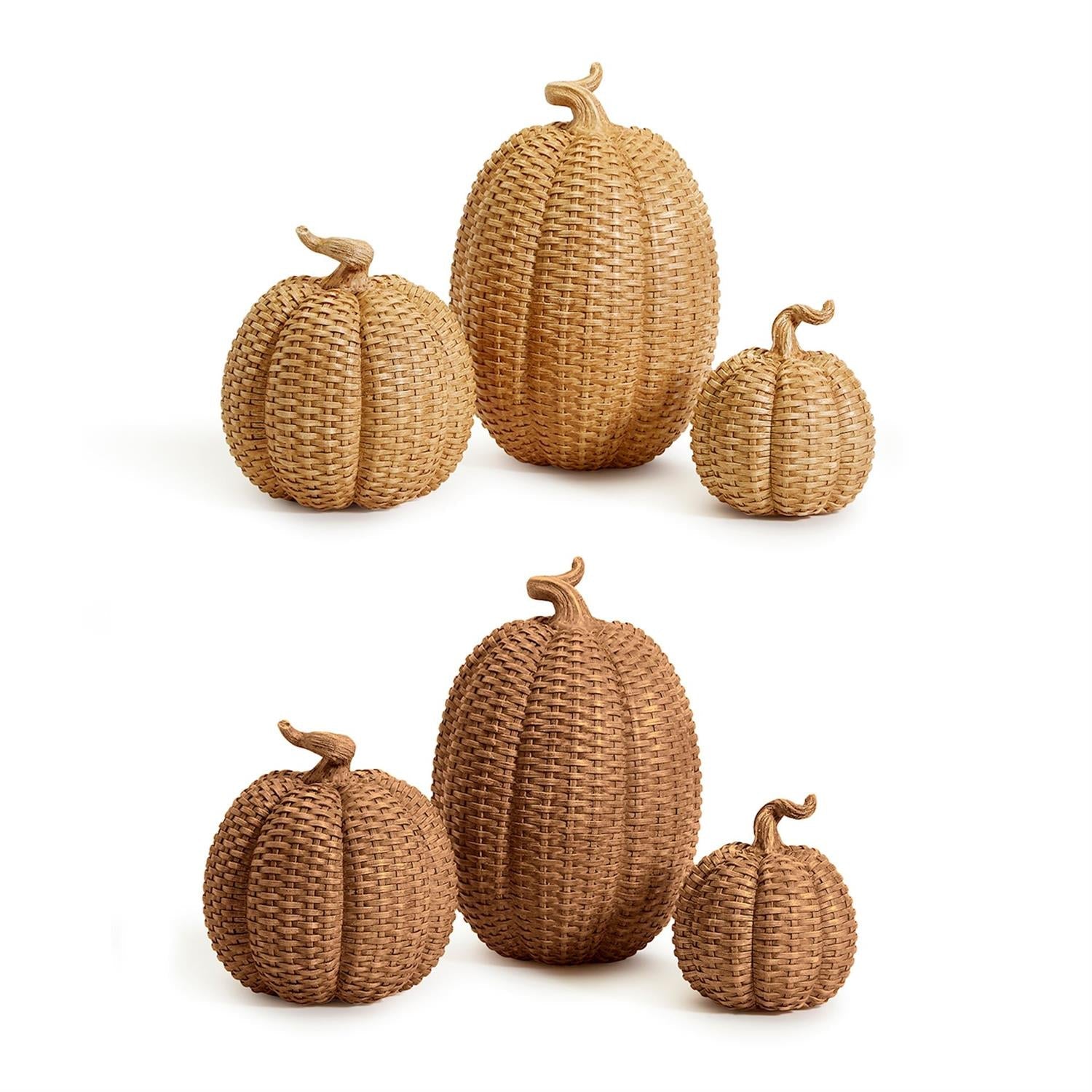 Rattan Resin Pumpkins Fall Decor - Set Or Single, 3 Sizes, Honey Cognac BandsCo Straps
