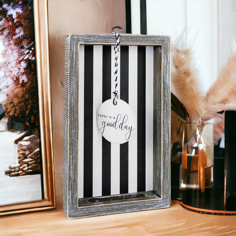 Farmhouse Modern Wooden Tray Black White Striped Decorative Serving Tray 10 x 6 x 1.5 Inch BandsCo Straps