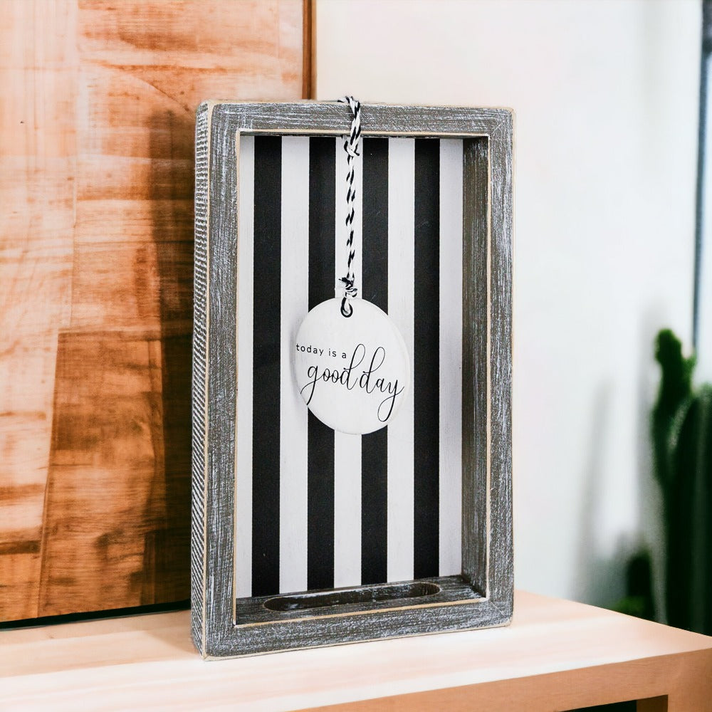 Farmhouse Modern Wooden Tray Black White Striped Decorative Serving Tray 10 x 6 x 1.5 Inch BandsCo Straps