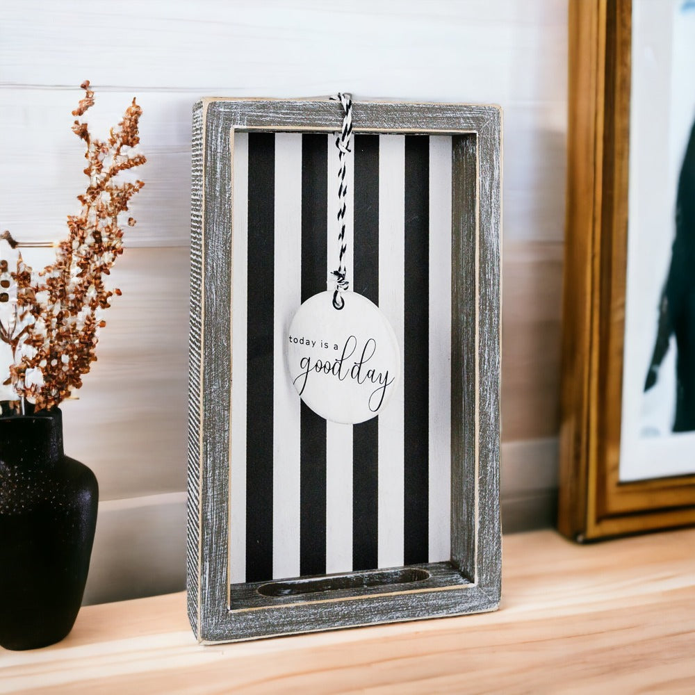 Farmhouse Modern Wooden Tray Black White Striped Decorative Serving Tray 10 x 6 x 1.5 Inch BandsCo Straps