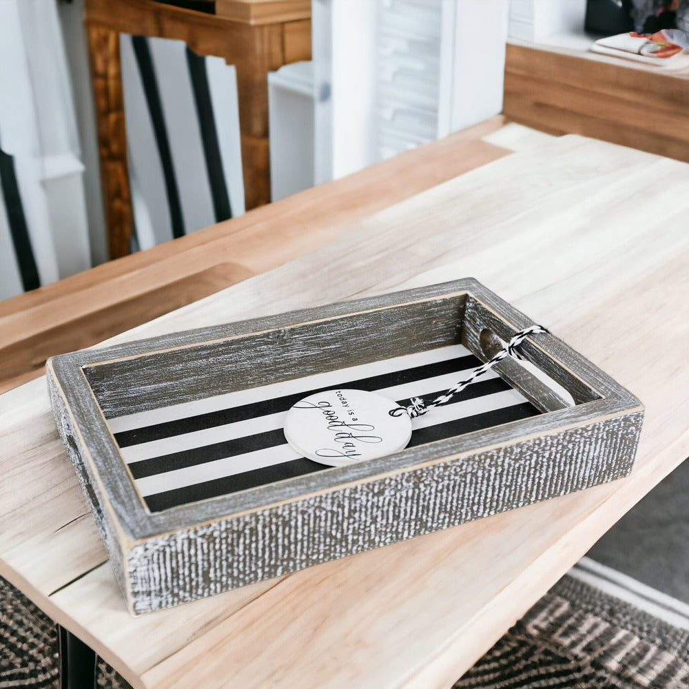 Farmhouse Modern Wooden Tray Black White Striped Decorative Serving Tray 10 x 6 x 1.5 Inch BandsCo Straps