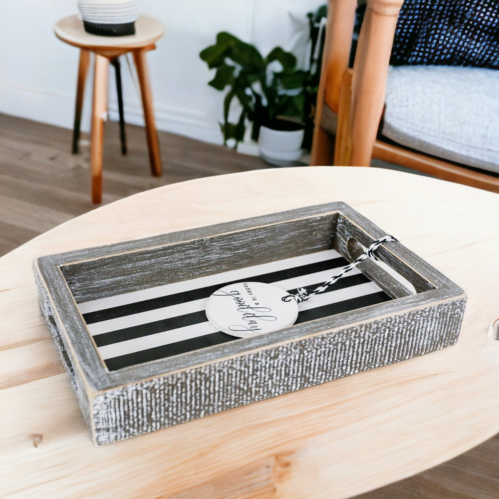 Farmhouse Modern Wooden Tray Black White Striped Decorative Serving Tray 10 x 6 x 1.5 Inch BandsCo Straps