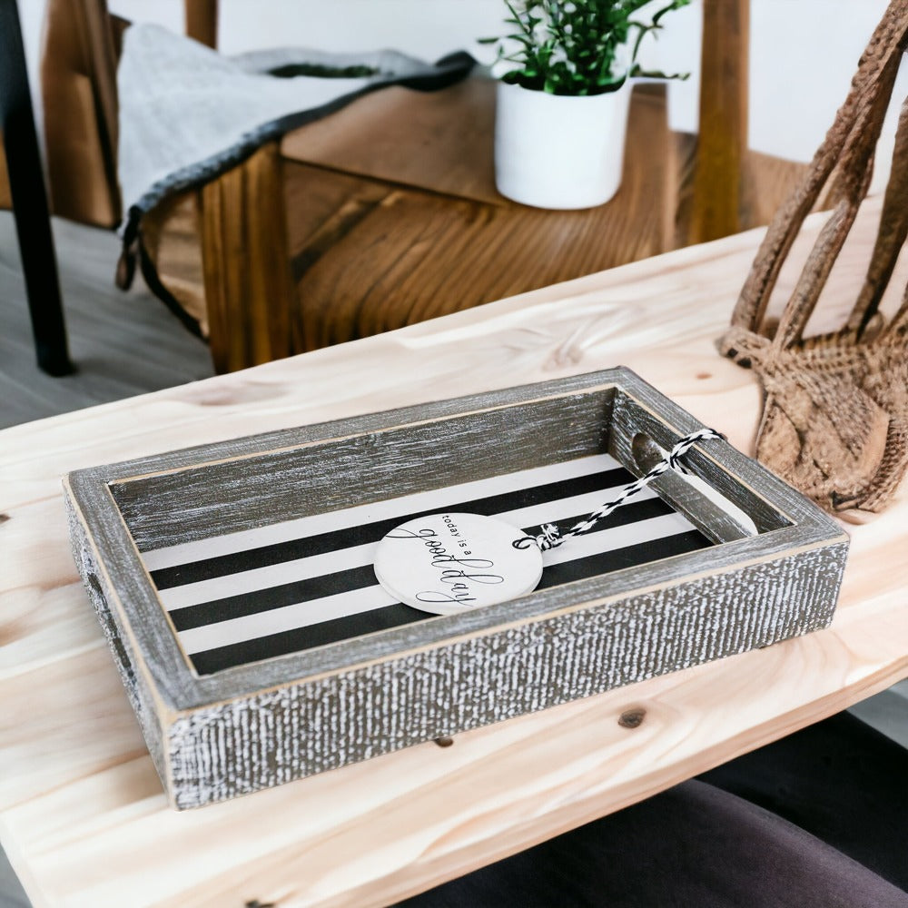 Farmhouse Modern Wooden Tray Black White Striped Decorative Serving Tray 10 x 6 x 1.5 Inch BandsCo Straps