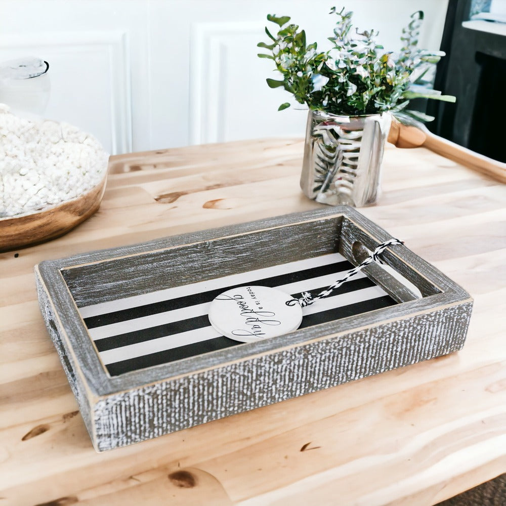 Farmhouse Modern Wooden Tray Black White Striped Decorative Serving Tray 10 x 6 x 1.5 Inch BandsCo Straps