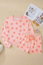 Polka Dot Pullover and Drawstring Shorts Set THRIXINE