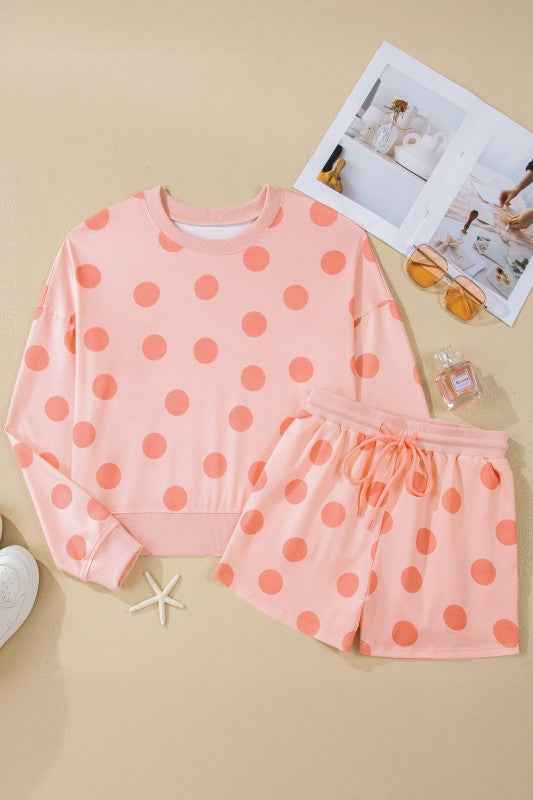 Polka Dot Pullover and Drawstring Shorts Set THRIXINE