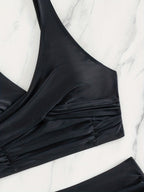 Bikini Solid Black Twist Front High Waist 2 Piece Swimsuit for Women – Stretchy V Neck Bikini Set with Ruched Tummy Control and Cross Strape Detail – Quick Drying Polyamide Swimwear for Beachwear Poolside and Summer Travel Stevvex