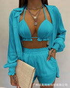 Lantern sleeve shirt and pocket design shorts set, solid color with ruffled edges and exposed navel top, new for 2025 Purplish Diva