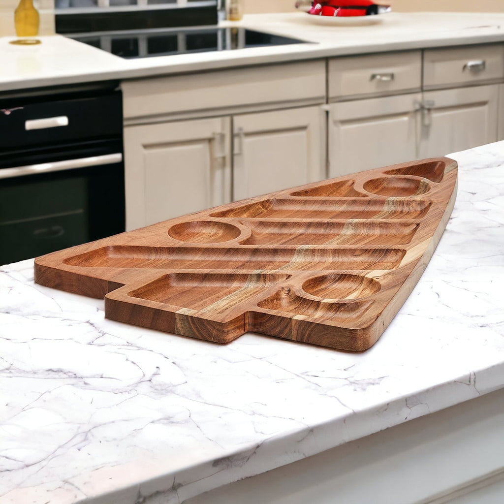 Oversized Acacia Wood Christmas Tree Charcuterie Board With Sectioned Serving BandsCo Straps