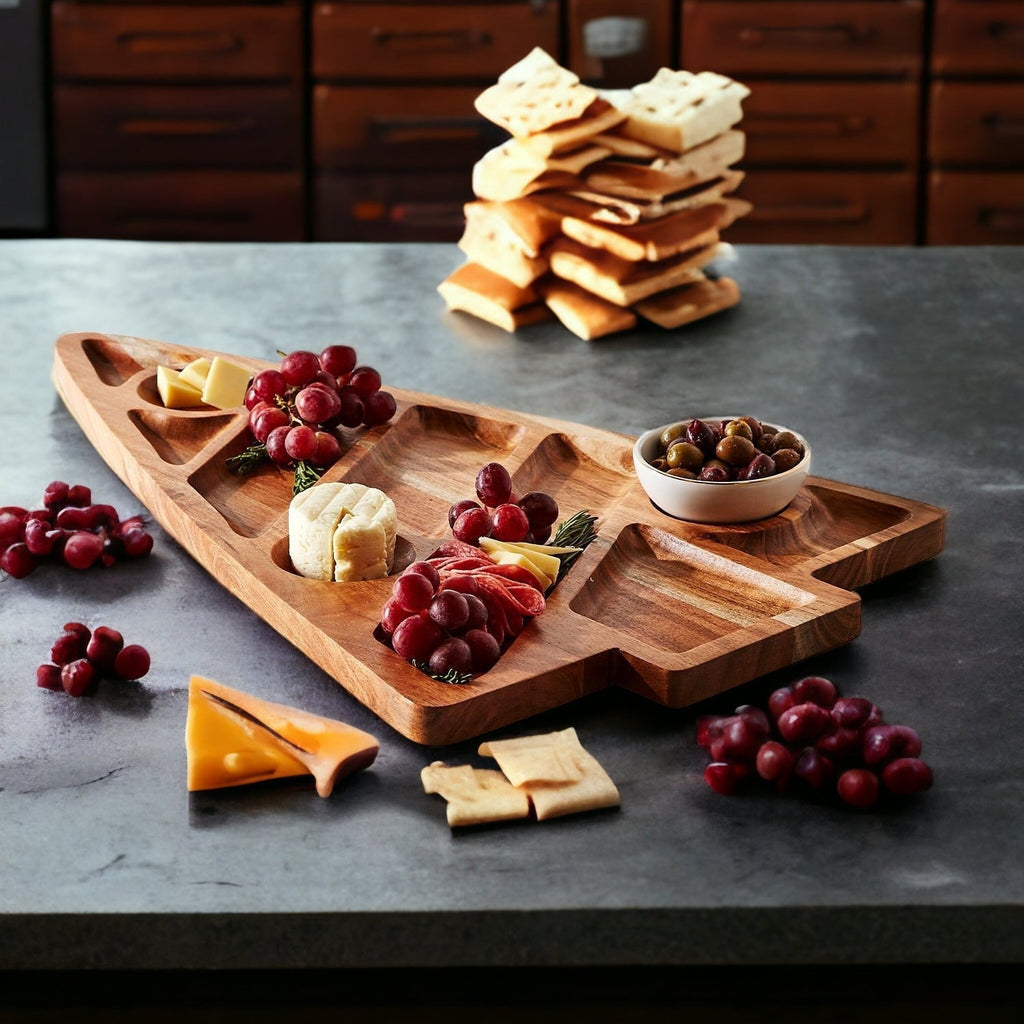 Oversized Acacia Wood Christmas Tree Charcuterie Board With Sectioned Serving BandsCo Straps