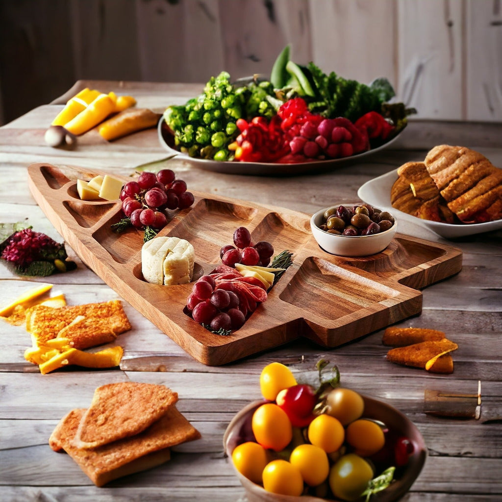 Oversized Acacia Wood Christmas Tree Charcuterie Board With Sectioned Serving BandsCo Straps