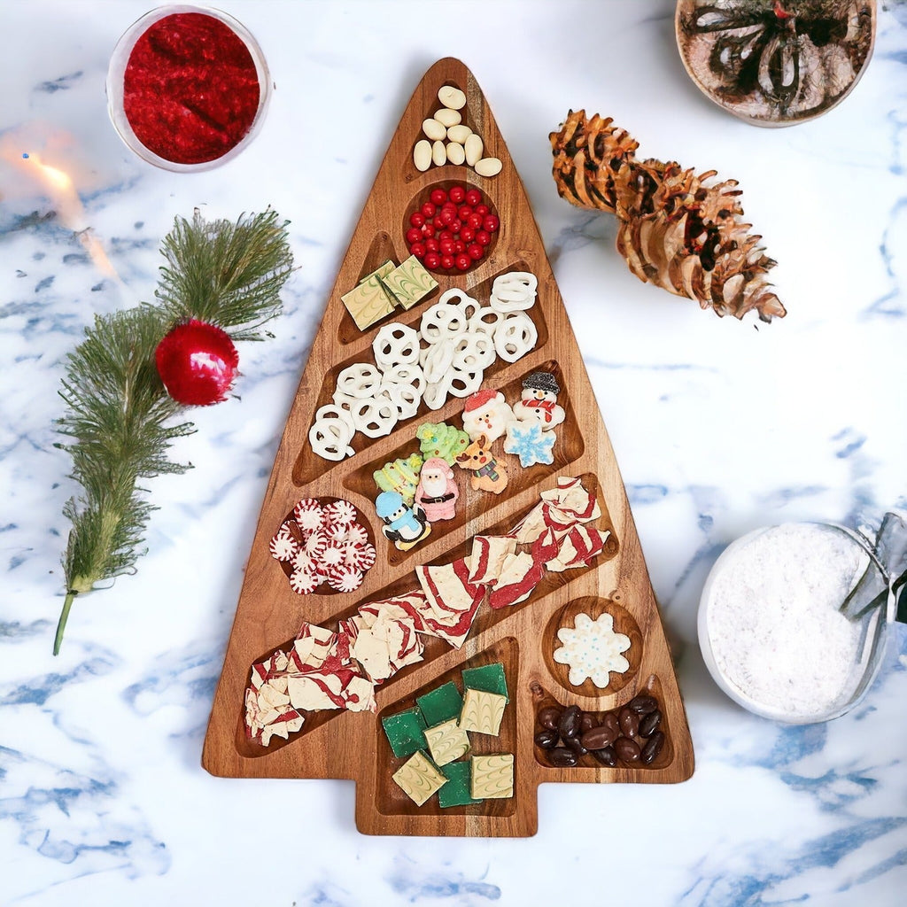 Oversized Acacia Wood Christmas Tree Charcuterie Board With Sectioned Serving BandsCo Straps